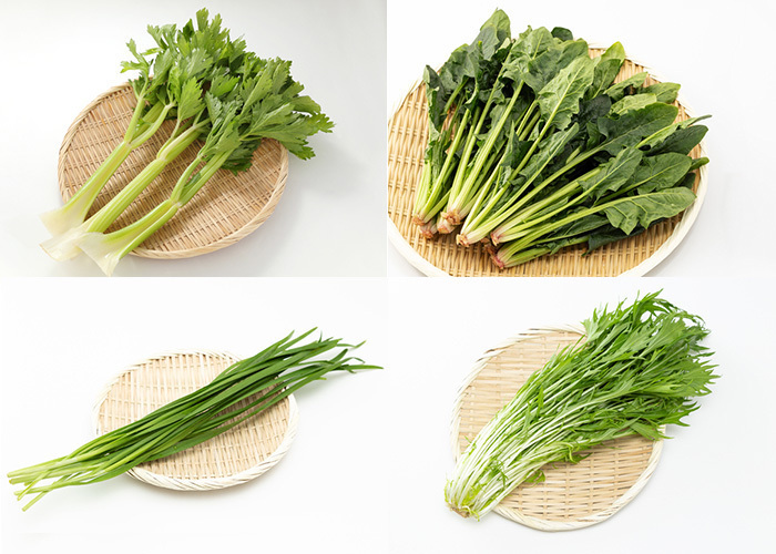 青（緑）の食材（セロリ、ほうれん草、ニラ、パセリ、水菜などの青菜類）